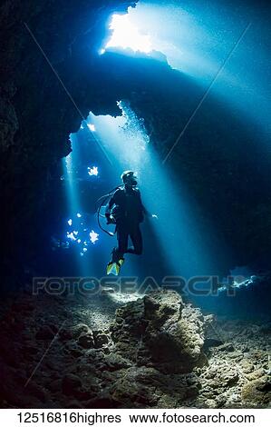 Diver inside a cavern known as First Cathedral off the island of Lanai; Hawaii, United States of America View Large Photo Image Stock Photograph - Diver inside a cavern known as First Cathedral off the island of Lanai; Hawaii, United States of America. Fotosearch