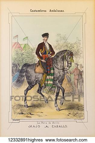Stock Photograph - Dude on horseback. Majo a caballo. Seville Fair. Feria de Abril. After a work by Antonio Chaman published in Seville by Carlos Santigosa in 1853.. Fotosearch