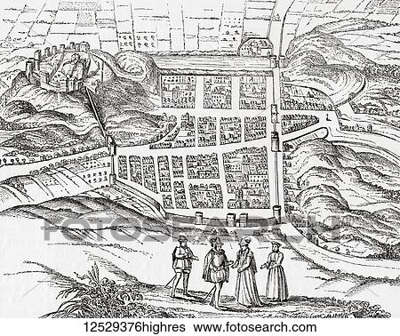 Stock Photograph - Edinburgh, Scotland as it appeared during the early part of the 17th century. From Old England: A Pictorial Museum, published 1847.. Fotosearch