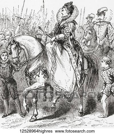 Stock Photograph - Elizabeth I inspecting her troops at Tilbury Port, 1588. Elizabeth I, aka The Virgin Queen, Gloriana or Good Queen Bess, 1533 1603. Queen of England and Ireland. From Ward and Lock's Illustrated History of the World, published c. 1882.. Fotosearch