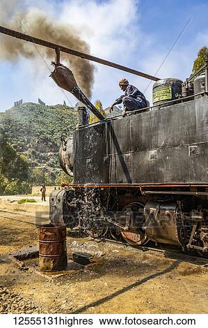 Stock Photograph - Engineer adding water to the Ansaldo 442 steam locomotive built in 1938, used for transporting cargo from the port city of Massawa to the capital Asmara; Arbaroba, Central Province, Eritrea. Fotosearch