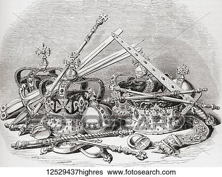 Stock Photograph - English regalia. From Old England: A Pictorial Museum, published 1847.. Fotosearch