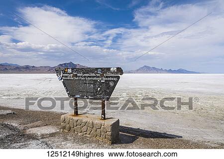 Stock Photograph - Entrance area and sign onto Bonneville Salt Flats in Tooele County near Wendover, Utah on public land managed by Bureau of Land Management; Wendover, Utah, United States of America. Fotosearch