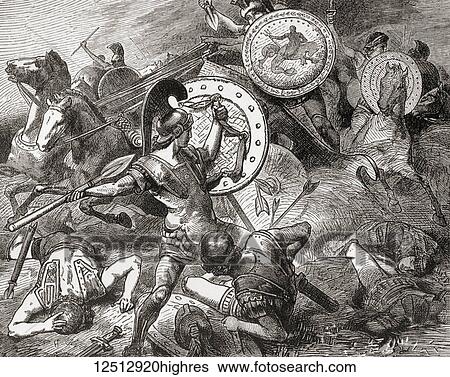 Stock Photograph - Epaminondas saves the life of Pelopidas in battle at the siege of Mantinea 385 BC. Epaminondas, d. 362 BC. Theban general and statesman of the 4th century BC. From Ward and Lock's Illustrated History of the World, published c. 1882.. Fotosearch
