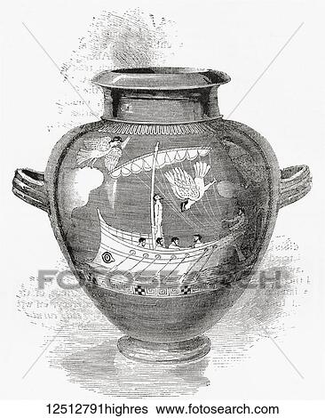 Stock Photograph - Etruscan Art. Ancient vase representing the story of Ulysses and the Sirens. From Ward and Lock's Illustrated History of the World, published c. 1882.. Fotosearch