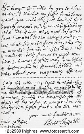 Stock Photograph - Facsimile of a portion of the letter written by Oliver Cromwell to William Lenthall, Speaker of the House of Commons, announcing the victory at The Battle of Naseby in 1645. From Old England: A Pictorial Museum, published 1847.. Fotosearch
