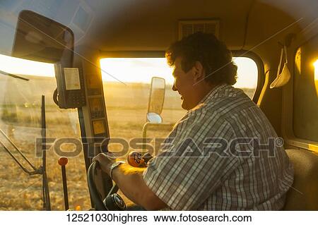 Stock Photograph - Farmer in a combine harvesting corn at sunset, near Nerstrand; Minnesota, United States of America. Fotosearch