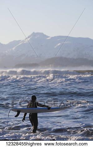 Female surfer enters the waters of Kachemak Bay, South-central Alaska; Homer, Alaska, United States of America View Large Photo Image Stock Photograph - Female surfer enters the waters of Kachemak Bay, South-central Alaska; Homer, Alaska, United States of America. Fotosearch