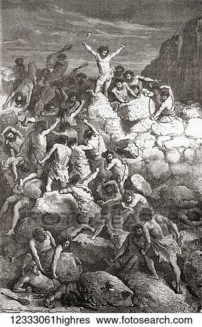 Stock Photograph - Fighting amongst the Furfooz, Furfooz race or Grenelle-Furfooz Men, at the camp of Furfooz, Namur, Belgium during the Upper Palaeolithic or Late Stone Age. From L'Homme Primitif, published 1870.. Fotosearch