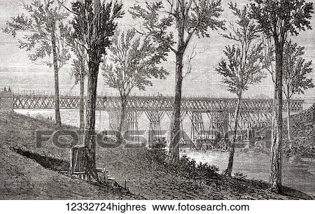 Stock Photograph - First railway bridge over the Bremer River, North Ipswich, City of Ipswich, Queensland, Australia circa 1866. From L'Univers Illustre published 1867.. Fotosearch