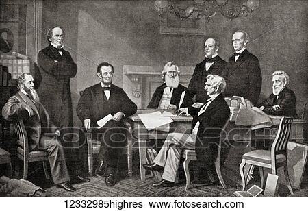 Stock Photograph - First Reading of the Emancipation Proclamation of President Lincoln, 1862. From left to right, Edwin Stanton, Secretary of War, Salmon Chase, Secretary of the Treasury, President Abraham Lincoln, Gideon Welles, Secretary of the Navy, Caleb B. Smith,.... Fotosearch