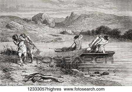 Stock Photograph - Fishermen from the Neolithic Age aka New Stone Age or Age of the Polished Stone. From L'Homme Primitif, published 1870.. Fotosearch