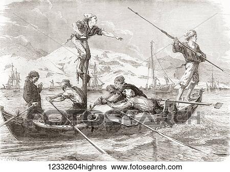 Fishermen using harpoons to catch swordfish on the coast of Sicily in the 19th century. From Album-Evenement, Prime du Journal L'Evenement, published 1865. View Large Photo Image Stock Photograph - Fishermen using harpoons to catch swordfish on the coast of Sicily in the 19th century. From Album-Evenement, Prime du Journal L'Evenement, published 1865.. Fotosearch