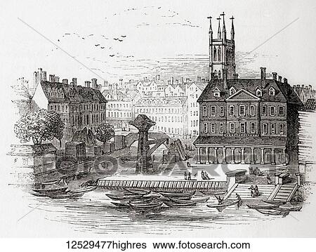 Stock Photograph - Fleet Ditch, London, England in 1749 at the point where it ran into the Thames at Bridewell. From Old England: A Pictorial Museum, published 1847.. Fotosearch