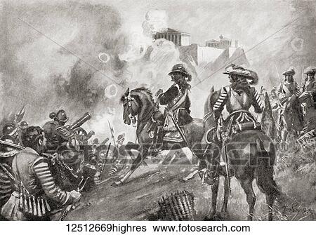 Stock Photograph - Francesco Morosini bombarding the Parthenon, Greece at the siege of Athens in 1687 during the Morean War. Francesco Morosini, 1619 1694. Doge of Venice during the Great Turkish War. From Hutchinson's History of the Nations, published 1915.. Fotosearch
