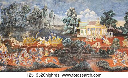 Stock Photograph - Fresco depicting scenes from the Ramayana in a gallery at the Royal Palace, Phnom Penh, Cambodia. Fotosearch