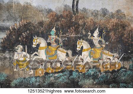 Stock Photograph - Fresco depicting scenes from the Ramayana in a gallery at the Royal Palace, Phnom Penh, Cambodia. Fotosearch