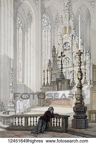 Stock Photograph - from Monuments Darchitecture et de Sculpture ex Belgique. Dessins Dapres Nature Lithographies Par F Stroobant. Charles Muquardt, Editeur. Published 1855. Simonau & Toovey, Brussels. Fine art prints. High Altar, Church of Notre Dame in Hal. Fotosearch