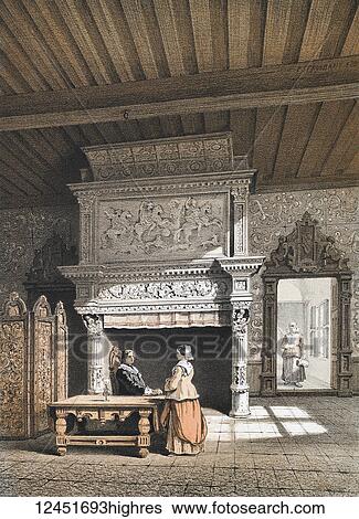 Stock Photograph - from Monuments Darchitecture et de Sculpture ex Belgique. Dessins Dapres Nature Lithographies Par F Stroobant. Charles Muquardt, Editeur. Published 1855. Simonau & Toovey, Brussels. Fine art prints. The interior of a house at Mechelin. Fotosearch