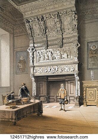 Stock Photograph - from Monuments Darchitecture et de Sculpture ex Belgique. Dessins Dapres Nature Lithographies Par F Stroobant. Charles Muquardt, Editeur. Published 1855. Simonau & Toovey, Brussels. Fine art prints. The marriage hall at the towm of Antwerp. Fotosearch