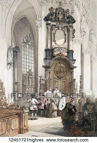 Stock Photograph - from Monuments Darchitecture et de Sculpture ex Belgique. Dessins Dapres Nature Lithographies Par F Stroobant. Charles Muquardt, Editeur. Published 1855. Simonau & Toovey, Brussels. Fine art prints. Interior of the church of Notre Dame Du Sablon in.... Fotosearch