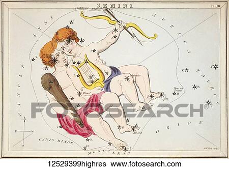 Gemini. Card Number 18 from Urania's Mirror, or A View of the Heavens, one of a set of 32 astronomical star chart cards engraved by Sidney Hall and publshed 1824. View Large Photo Image Stock Photograph - Gemini. Card Number 18 from Urania's Mirror, or A View of the Heavens, one of a set of 32 astronomical star chart cards engraved by Sidney Hall and publshed 1824.. Fotosearch