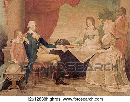 Stock Photograph - George Washington with his wife and her two grandchildren, born to children from her first marriage. From left, Martha Washingtons grandson George Washington Parke Custis, George Washington, Marthas granddaughter Eleanor Nelly Parke Custis, Martha.... Fotosearch
