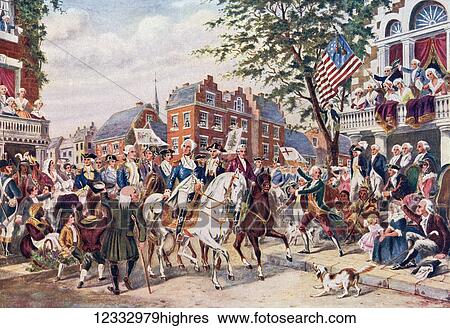 Stock Photograph - George Washinton enters New York, America in 1759. General George Washington, 1732 - 1799. American politician and soldier who served as the first President of the United States. From Hutchinson's History of the Nations, published 1915.. Fotosearch