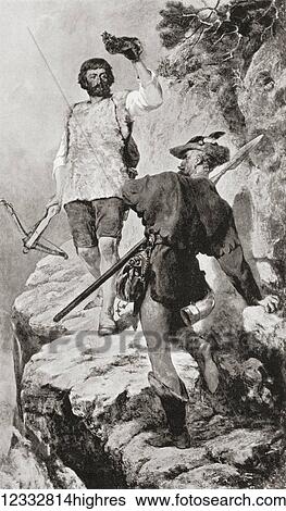 Stock Photograph - Gessler and William Tell face to face in a narrow defile. Albrecht Gessler, aka Hermann, was a legendary 14th-century Habsburg bailiff whose brutal rule led to the William Tell rebellion and the eventual independence of the Old Swiss Confederacy..... Fotosearch