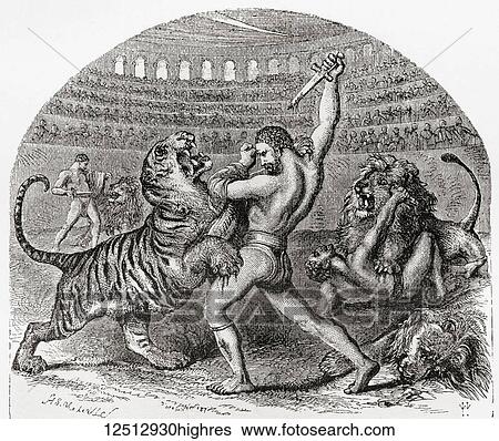 Stock Photograph - Gladiators fighting against wild animals in ancient Rome. From Ward and Lock's Illustrated History of the World, published c. 1882.. Fotosearch