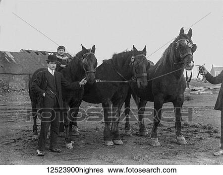 Stock Photograph - Glass Negative circa 1900. Victorian. Social History. A small boy of a horse with father. Fotosearch