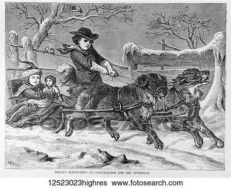 Stock Photograph - Gleason's Pictorial Drawing Room Companion, 1852 etching or wood engraving. Dollys sleigh ride, an illustration for children. Children in a sleigh being pulled by dogs. Fotosearch