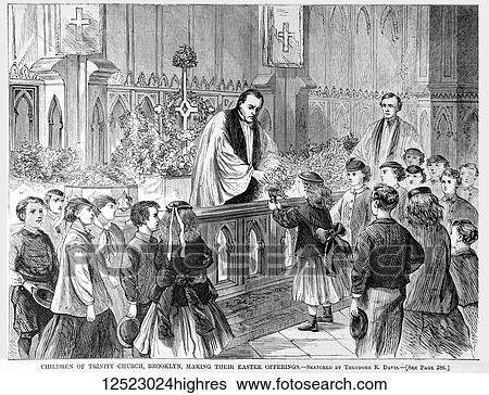 Stock Photograph - Gleason's Pictorial Drawing Room Companion, 1852 etching or wood engraving. Children of Trinity church, Brooklyn, making their Easter Offerins to the church. Fotosearch