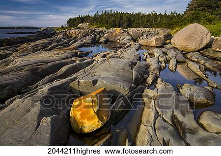 Stock Photograph - Golden Rock And Pools On Eastern Shore Of Mink Island, Nova Scotia. Fotosearch