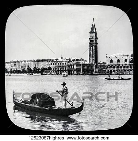 Stock Photograph - Gondola and S. Georgia Maggiore, from Piazzetta, Venice circa 1900 on a magic lantern slide. Photographed by Joseph John William in 1888; Venice, Italy. Fotosearch