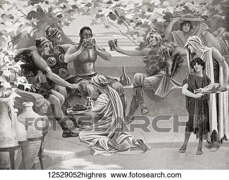 Stock Photograph - Goths seen surrounded by slaves, drinking wine at a country villa in ancient Rome, 4th century AD. From Hutchinson's History of the Nations, published 1915.. Fotosearch