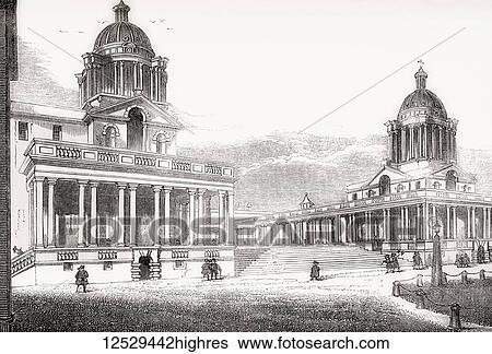 Stock Photograph - Greenwich Hospital, Greenwich, London, England, seen here in the mid 19th century when it was a permanent home for retired sailors of the Royal Navy. From Old England: A Pictorial Museum, published 1847.. Fotosearch