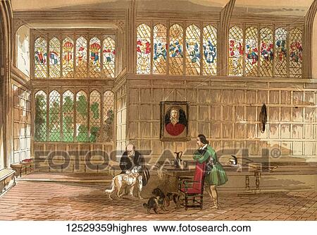 Stock Photograph - Hall at Ockwells, Berkshire, England. Ockwells Manor is a timber-framed 15th century manor house which preserves a set of contemporary heraldic stained glass in the hall. From Old England: A Pictorial Museum, published 1847.. Fotosearch
