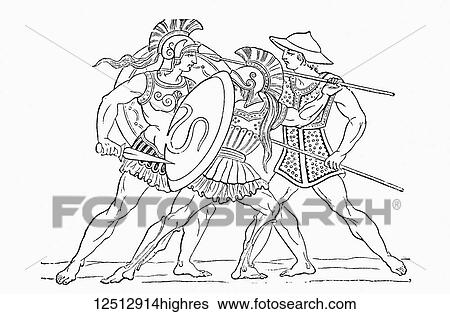 Stock Photograph - Hellenic warriors. From Ward and Lock's Illustrated History of the World, published c. 1882.. Fotosearch