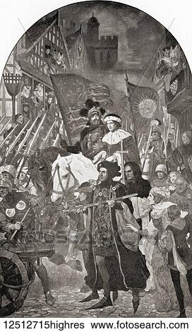 Stock Photograph - Henry VI, seated on a white horse, is taken to the Battle of Barnett by Edward IV to prevent the Lancastrians from retaking their king. Henry VI, 1421 1471. King of England. Edward IV, 1442 1483. King of England. From Hutchinson's History of the.... Fotosearch
