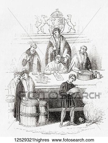Stock Photograph - Henry VII's trial of weights and measures at the exchequer in 1497, a clerk, bottom right, is seen burning measures which do not come up to standard. Setting standards for weights and measures was neccessary to maintain commercial confidence in.... Fotosearch