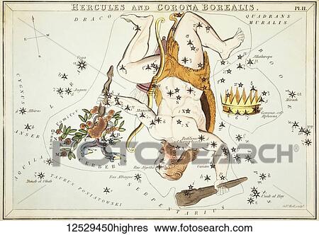 Stock Photograph - Hercules and Corona Borealis. Card Number 11 from Urania's Mirror, or A View of the Heavens, one of a set of 32 astronomical star chart cards engraved by Sidney Hall and publshed 1824.. Fotosearch