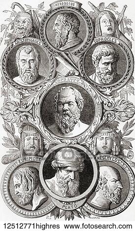 Stock Photograph - Historians, Philosophers and Dramatists of ancient Greece. Aristophanes, c. 446 c. 386 BC. Comic playwright. Herodotus, Greek historian. Sophocles, c. 497/6 c. 406/5 BC. Ancient Greek dramatist. Socrates, 470/469 399 BC. Classical Greek.... Fotosearch