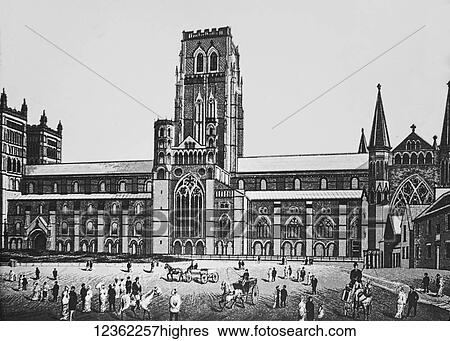 Stock Photograph - Historic illustration of a building and town square with pedestrians, horses and buggies. Fotosearch