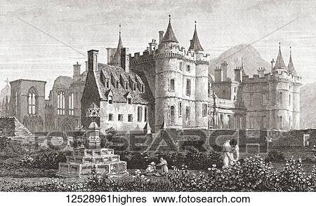 Stock Photograph - Holyrood Palace, Edinburgh, Scotland. Also known as Holyrood House or the Palace of Holyroodhouse. It is the official residence of the British Monarch in Scotland. After a 19th century print.. Fotosearch