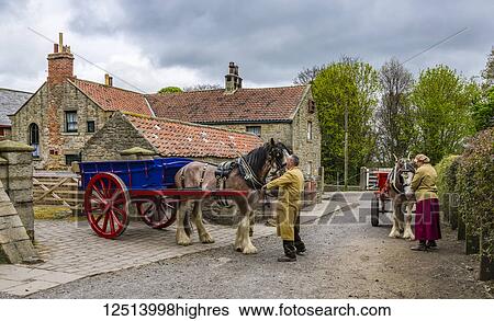 Stock Photograph - Horses with colourful carts and people tending to them, Open Air Museum; Beamish, County Durham, England. Fotosearch
