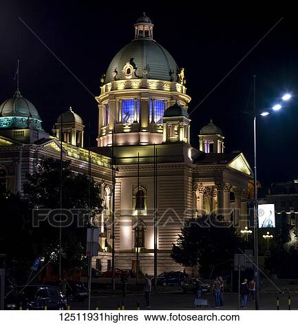 House of the National Assembly of Serbia in Belgrade at nighttime; Belgrade, Vojvodina, Serbia View Large Photo Image Stock Photograph - House of the National Assembly of Serbia in Belgrade at nighttime; Belgrade, Vojvodina, Serbia. Fotosearch