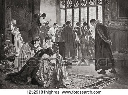 Stock Photograph - Huguenots taking refuge in the English embassy during The St. Bartholomew's Day Massacre, Paris, France, 1572. A targeted group of assassinations and a wave of Catholic mob violence directed against the Huguenots during the French Wars of Religion,.... Fotosearch