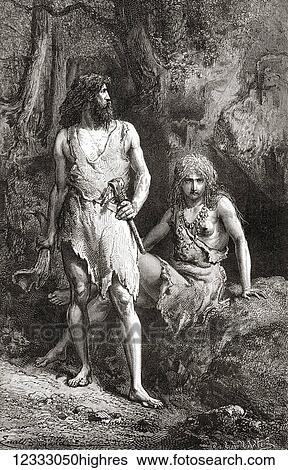 Stock Photograph - Hunters during The Upper Paleolithic, Upper Palaeolithic, Late Stone Age or Age of the Reindeer. From L'Homme Primitif, published 1870.. Fotosearch