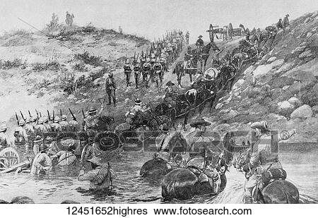 Stock Photograph - Illustrated London News record of Transvall War 1899-1900. The chievements of the home and colonial forces in the great conflict with the Boer Republics. Spencer Wilkinson record. Field artillary fording a South African river in flood. Fotosearch